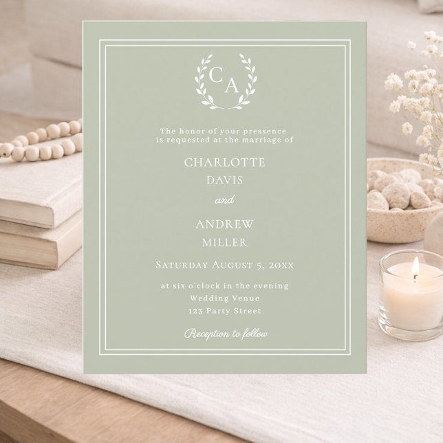 Salbeigrüne Monogramm-Kranz-Hochzeitseinladung (Von Creator hochgeladen)