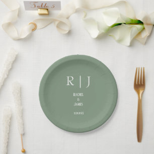 Salbeigrüne Monogramme Einfache Elegante Moderne H Pappteller
