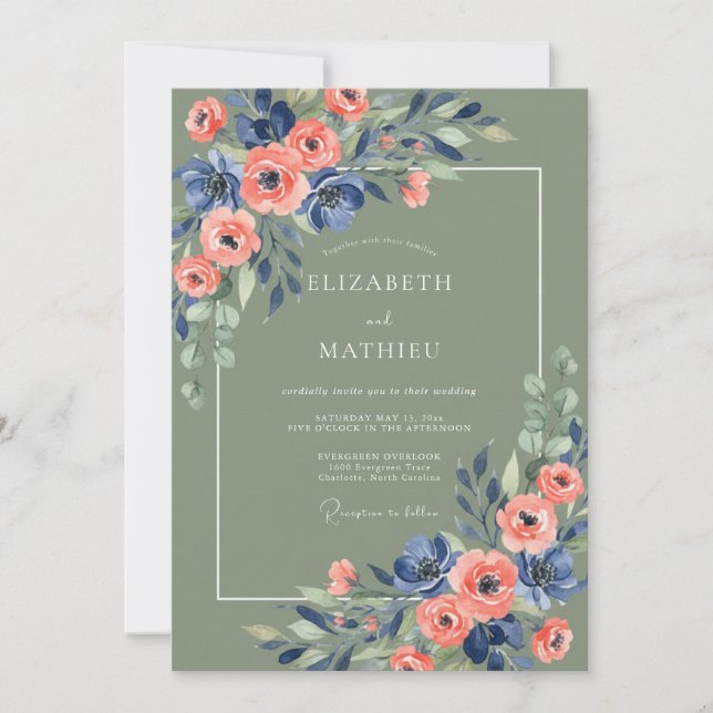Salbeigrüne Navy Blumen Rustikale Hochzeit Einladung (Vorderseite)