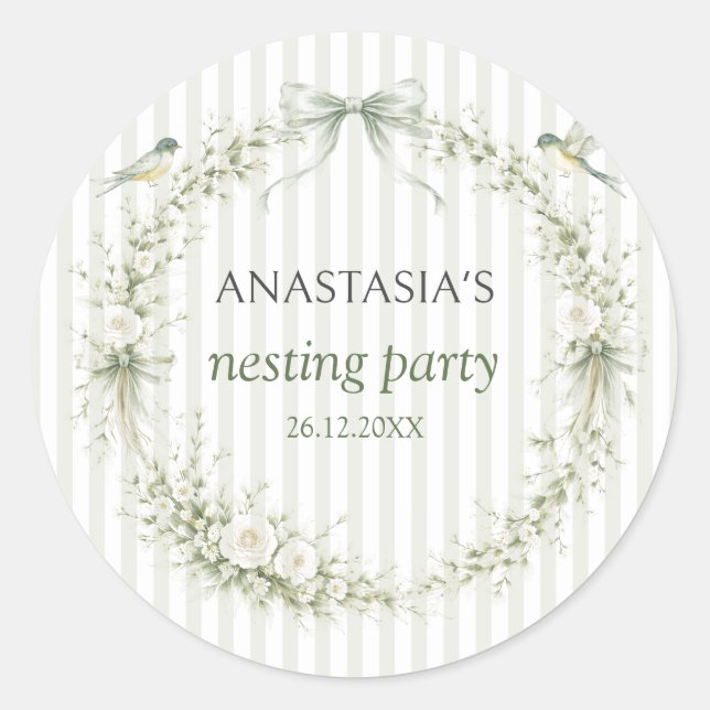 Salbeigrüne Nesting-Party-Baby-Shower Runder Aufkleber (Vorderseite)