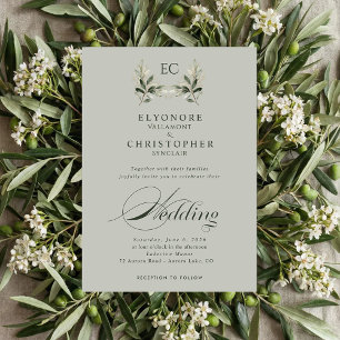Salbeigrüne Olivenzweig-Monogramm-Foto-Hochzeit Einladung