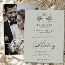 Salbeigrüne Olivenzweig-Monogramm-Foto-Hochzeit