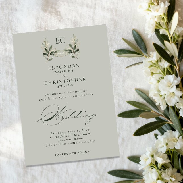 Salbeigrüne Olivenzweig-Monogramm-Hochzeit Einladung (Von Creator hochgeladen)