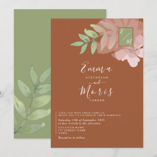 Salbeigrüne Orange Monogramm-Hochzeitseinladung Einladung