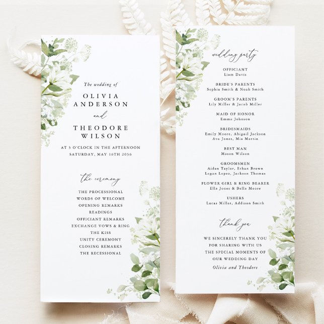 Salbeigrüne organische Grünzeug-Hochzeitszeremonie Programm (Sage green organic greenery wedding program, ceremony order & wedding party list, elegant botanical)
