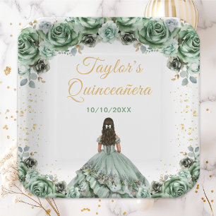Salbeigrüne Prinzessin Floral Quinceañera Pappteller