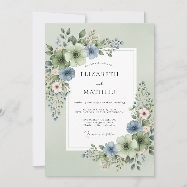 Salbeigrüne Pristine Florale Hochzeit Einladung (Vorderseite)