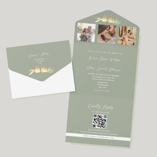 Salbeigrüne QR-Code-Foto-Hochzeit All In One Einladung