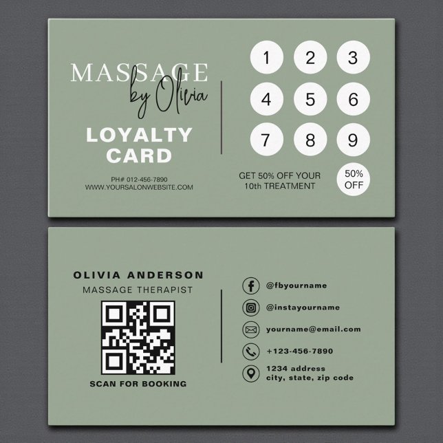 Salbeigrüne QR-Code-Treuekarte für Massagetherapeu Treuekarte (Von Creator hochgeladen)