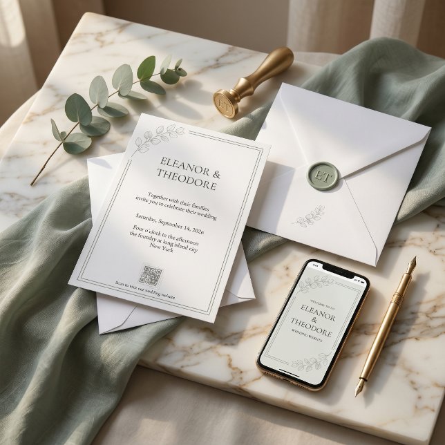 Salbeigrüne Quiet Luxury QR-Code-Hochzeit Einladung (Sage Green Quiet Luxury QR Code Wedding Invitation)