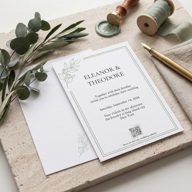 Salbeigrüne Quiet Luxury QR-Code-Hochzeit Einladung (Sage Green Quiet Luxury QR Code Wedding Invitation)