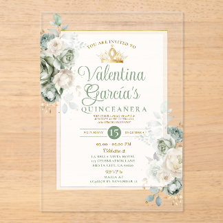 Salbeigrüne Quinceañera 15 Jahre Blumen Goldkrone Acryleinladungen