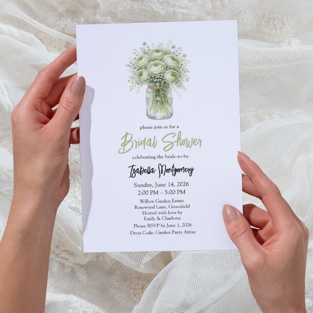 Salbeigrüne Ranunculus-Mason-Jar-Brautparty Einladung (Sage Green Ranunculus Mason Jar Bridal Shower Invitations
)