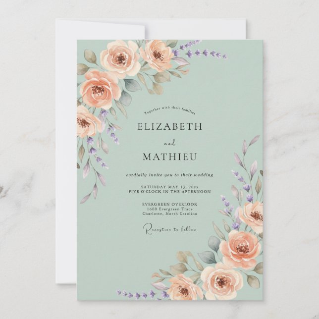 Salbeigrüne Regency-Rosen-Hochzeit Einladung (Vorderseite)