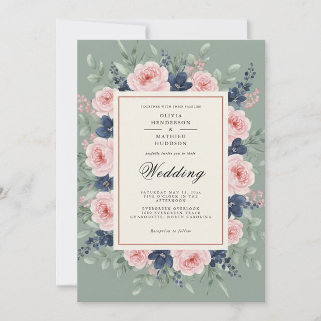 Salbeigrüne Romantische Hochzeit mit Blumen Einladung (Vorderseite)