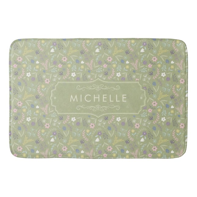 Salbeigrüne rosa weiße Blumen Florales Boho-Muster Badematte (Vorderseite)