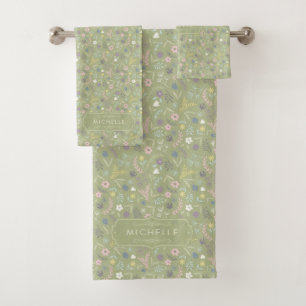 Salbeigrüne rosa weiße Blumen Florales Boho-Muster Badhandtuch Set