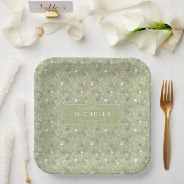 Salbeigrüne rosa weiße Blumen Florales Boho-Muster Pappteller (Hochzeit)