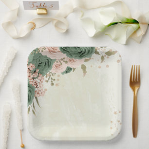 Salbeigrüne rosafarbene Blumen Hochzeit Pappteller