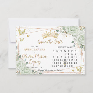Salbeigrüne Rosen Florale Goldene Quinceañera-Kale Save The Date