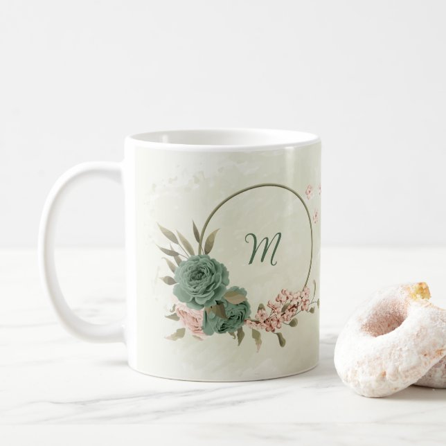 salbeigrüne Röte Blumenmuster  Kaffeetasse (Mit Donut)