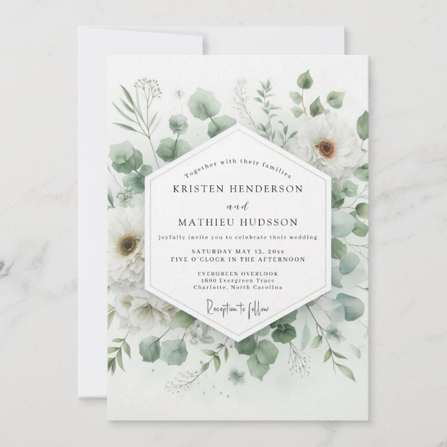 Salbeigrüne ruhige Flora-Hochzeit Einladung (Vorderseite)
