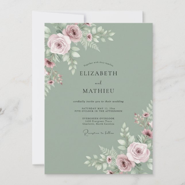 Salbeigrüne ruhige Rosenhochzeit Einladung (Vorderseite)