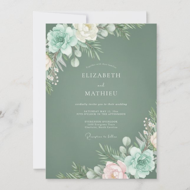 Salbeigrüne ruhige Winterhochzeit Einladung (Vorderseite)