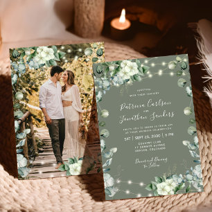 Salbeigrüne rustikale Blumenlichter Foto-Hochzeit Einladung