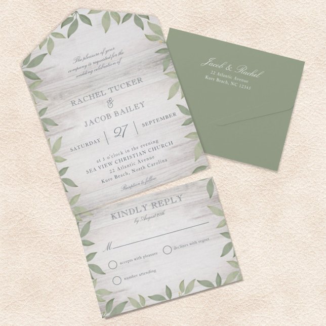 Salbeigrüne Rustikale Gartenhochzeit All In One Einladung (Von Creator hochgeladen)