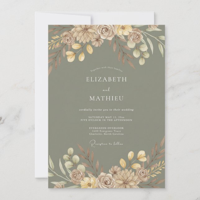 Salbeigrüne Rustikale Hochzeit mit Laubwerk Einladung (Vorderseite)