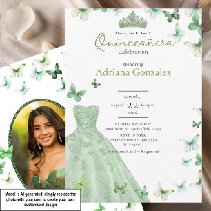 Salbeigrüne Schmetterlinge Kleid Tiara Quinceanera Einladung