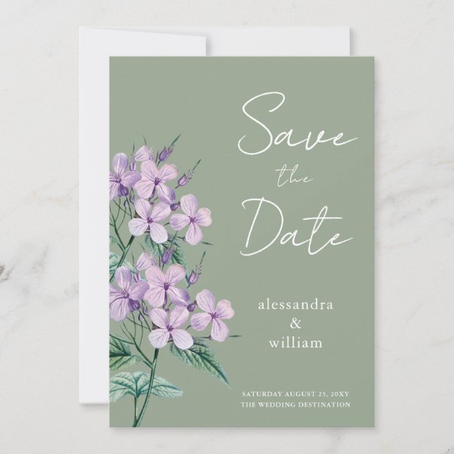 Salbeigrüne Schrift Blumen Save The Date Karte (Vorderseite)