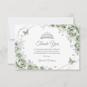 Salbeigrüne Silberne Florale Quinceanera Dankeskarte