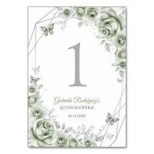 Salbeigrüne Silberne Florale Quinceanera Tischnummer