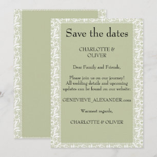 Salbeigrüne Spitzen-Hochzeit-Karte zur Vorankündig Save The Date