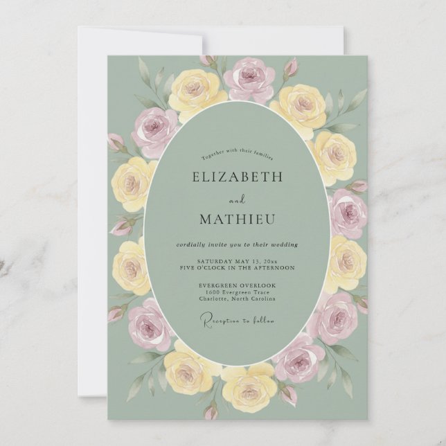 Salbeigrüne Stille Rosenhochzeit Einladung (Vorderseite)