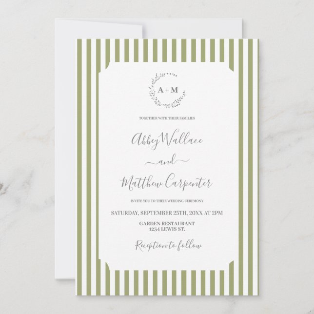 Salbeigrüne Streifen Hochzeit Einladung (Vorderseite)
