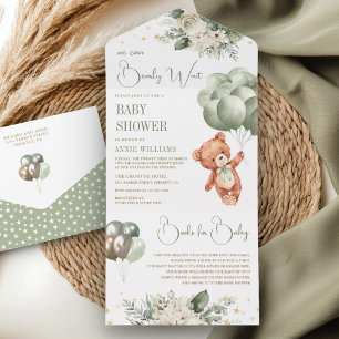 Salbeigrüne Teddybär-Balloons Florale Babyparty All In One Einladung