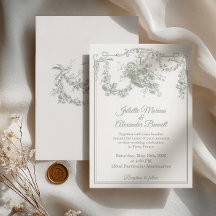 Salbeigrüne Toile de Jouy Paris Hochzeitseinladung