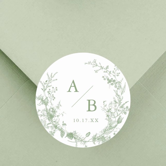 Salbeigrüne Toile viktorianische Hochzeitsinitiale Runder Aufkleber (Von Creator hochgeladen)