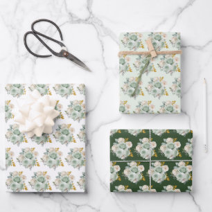 Salbeigrüne und goldene elegante Blumen Geschenkpapier Set