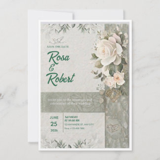 Salbeigrüne und weiße Rosen Elegante Hochzeitseinl Einladung