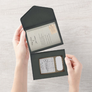 Salbeigrüne vergoldete Hochzeitseinladung im Buchs All In One Einladung