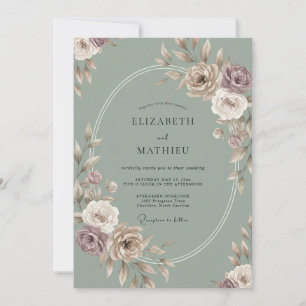 Salbeigrüne Verzierte Rosenhochzeit Einladung