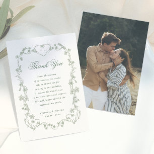 Salbeigrüne Vintage-Blumen-Foto-Hochzeit Dankeskarte