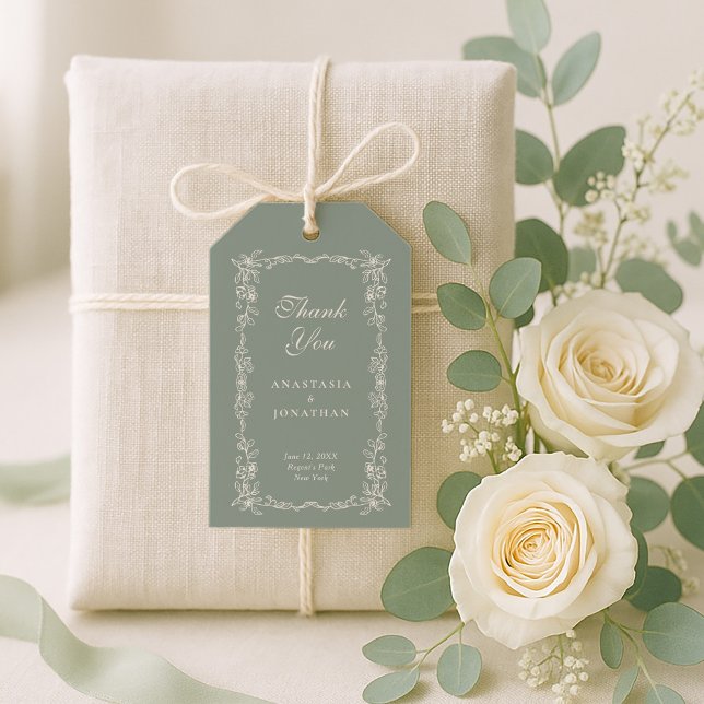 Salbeigrüne Vintage-Blumen-Hochzeit Danke Geschenkanhänger (Von Creator hochgeladen)
