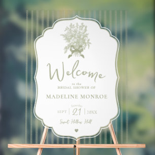 Salbeigrüne Vintage-Blumen-Hochzeitsdusche-Willkom Acrylschild