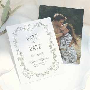 Salbeigrüne Vintage-Blumen-Hochzeitsfoto Save The Date