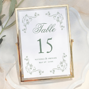 Salbeigrüne Vintage-Blumen-Hochzeitstisch-Nummer Tischnummer